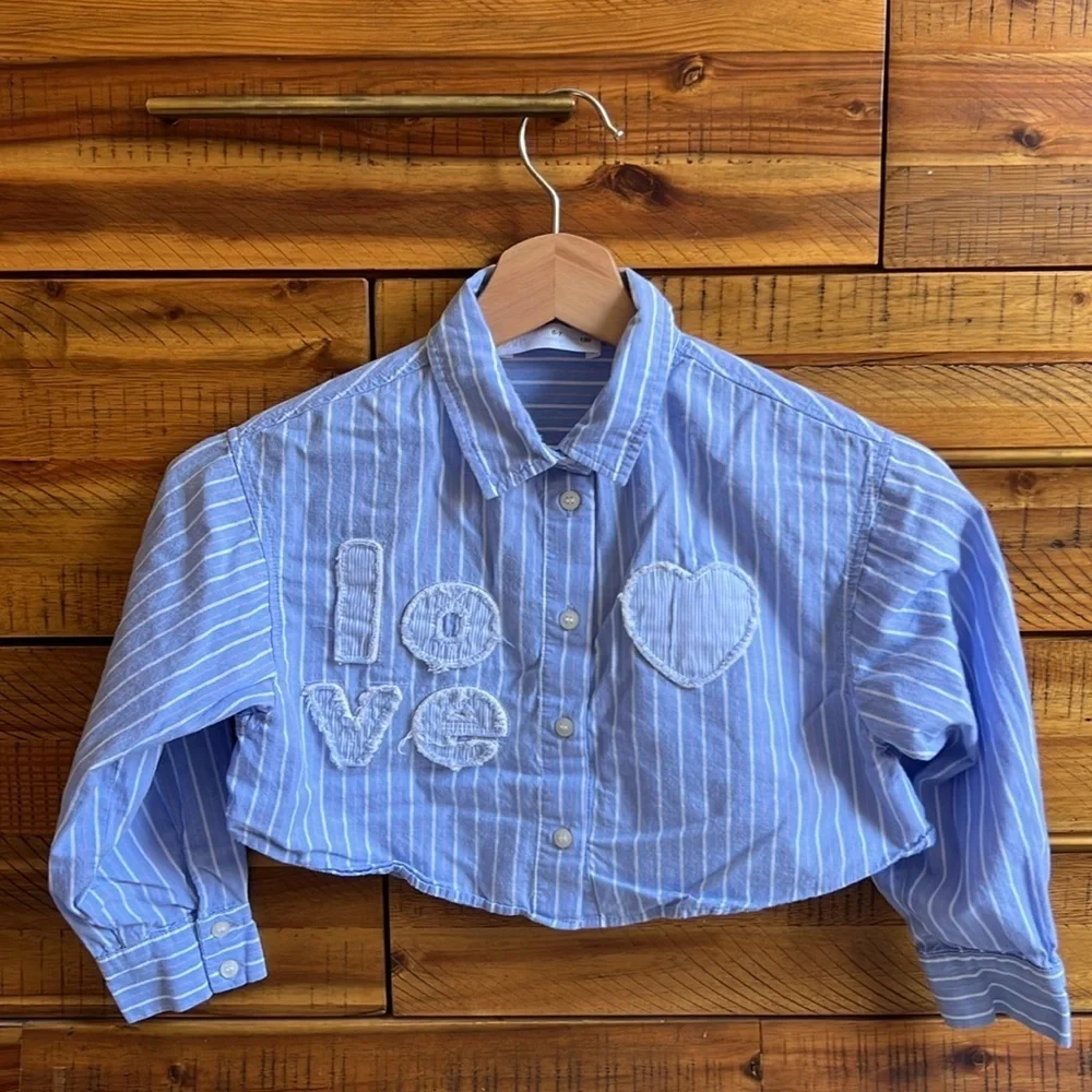 Zara Girls Crop Top Blue Striped Kids Shirt with Love Embroidery